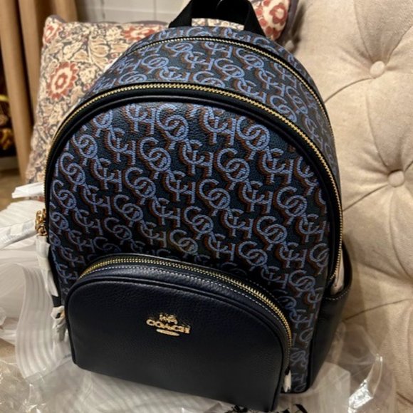 Coach Gold/Navy Court Backpack With Coach Monogram Print - Picture 1 of 14